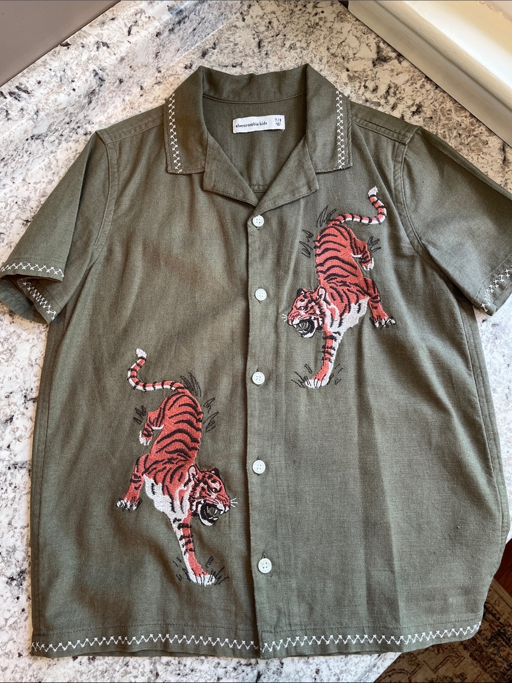 Abercrombie Kids Olive Short-Sleeve Button Up Shirt with Tiger Embroidery